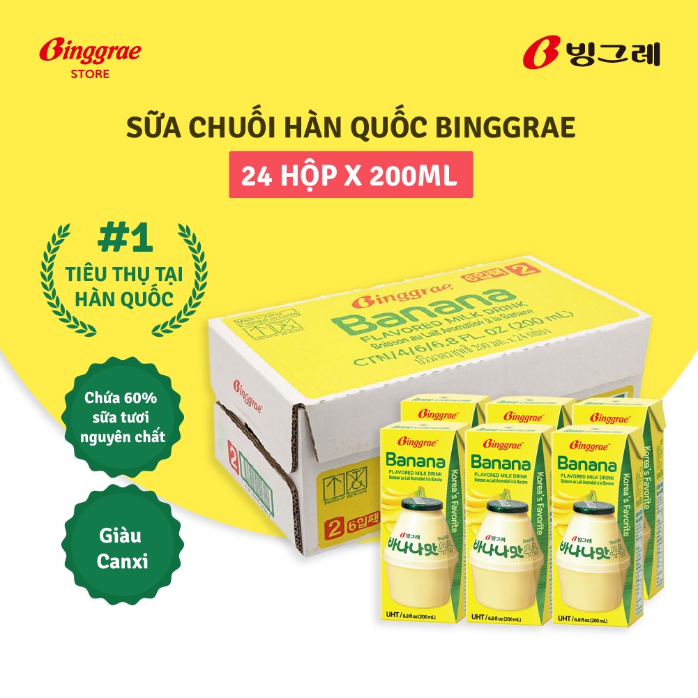 Thùng Sữa Chuối Hàn Quốc Binggrae Banana Milk (200ml x 24 hộp)
