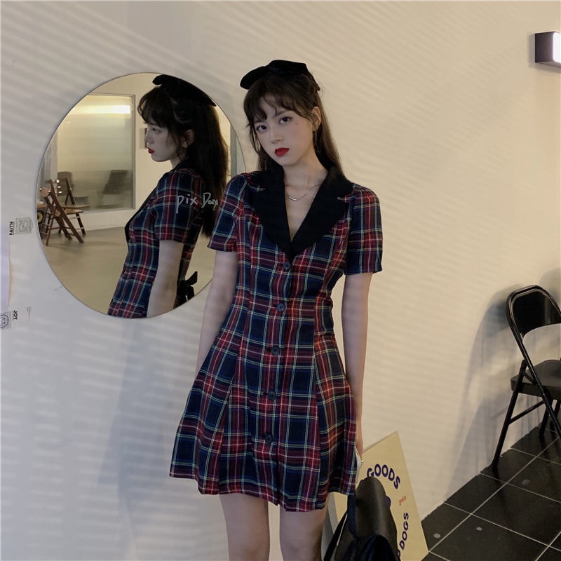 Đầm tay ngắn cổ polo thắt nơ họa tiết sọc caro phong cách retro 06486