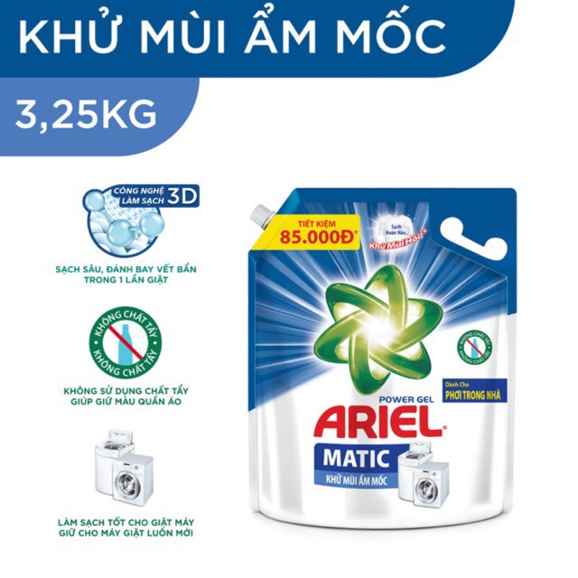 Nước Giặt Ariel Khử mùi ẩm Mốc Túi 3.2Kg (xanh dương)