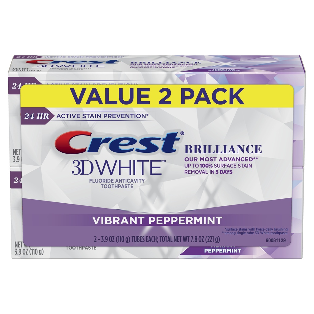 Kem Đánh Răng Crest 3D White Brilliance Teeth Whitening Toothpaste, Peppermint, 3.9 Oz, 2 pack