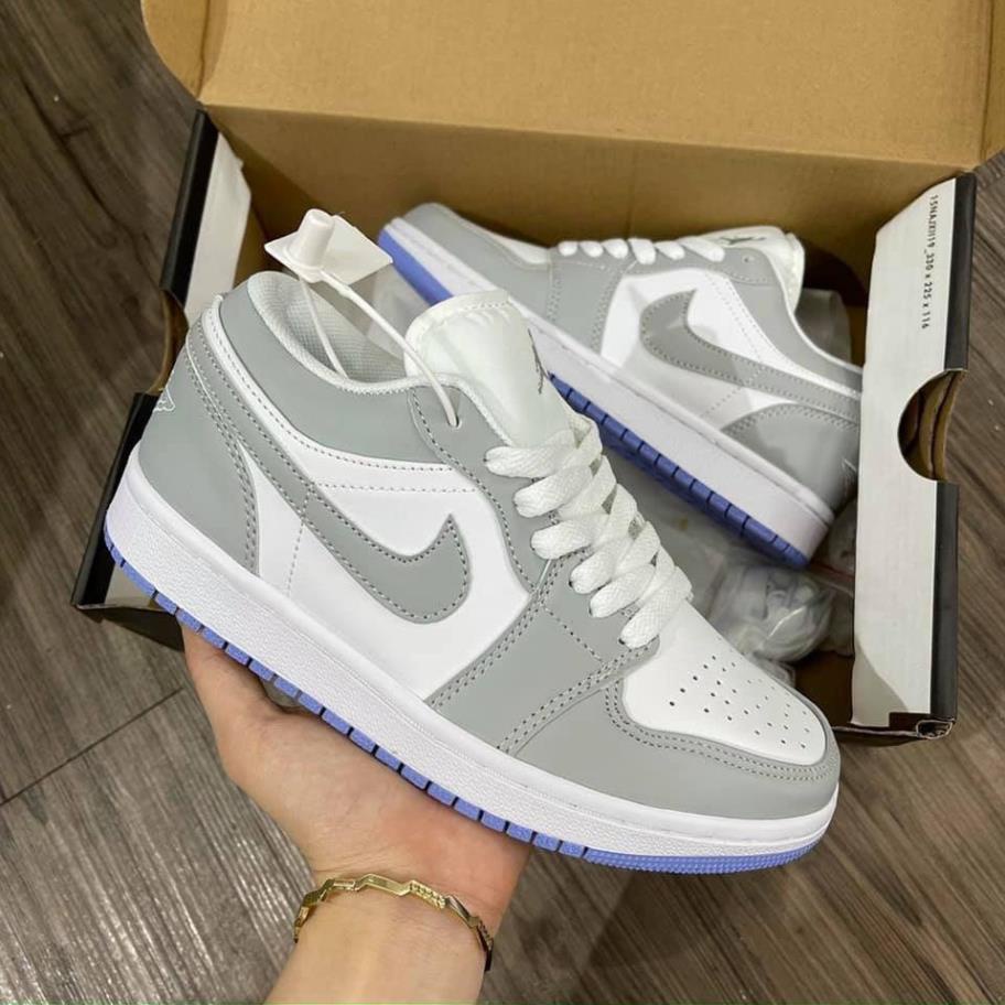 Giày Jordan cổ thấp màu xám nhạt đế xanh dương, Giày Jordan 1 low đế tím nam nữ, Sneaker air JD1 bóng rổ bản đẹp full *