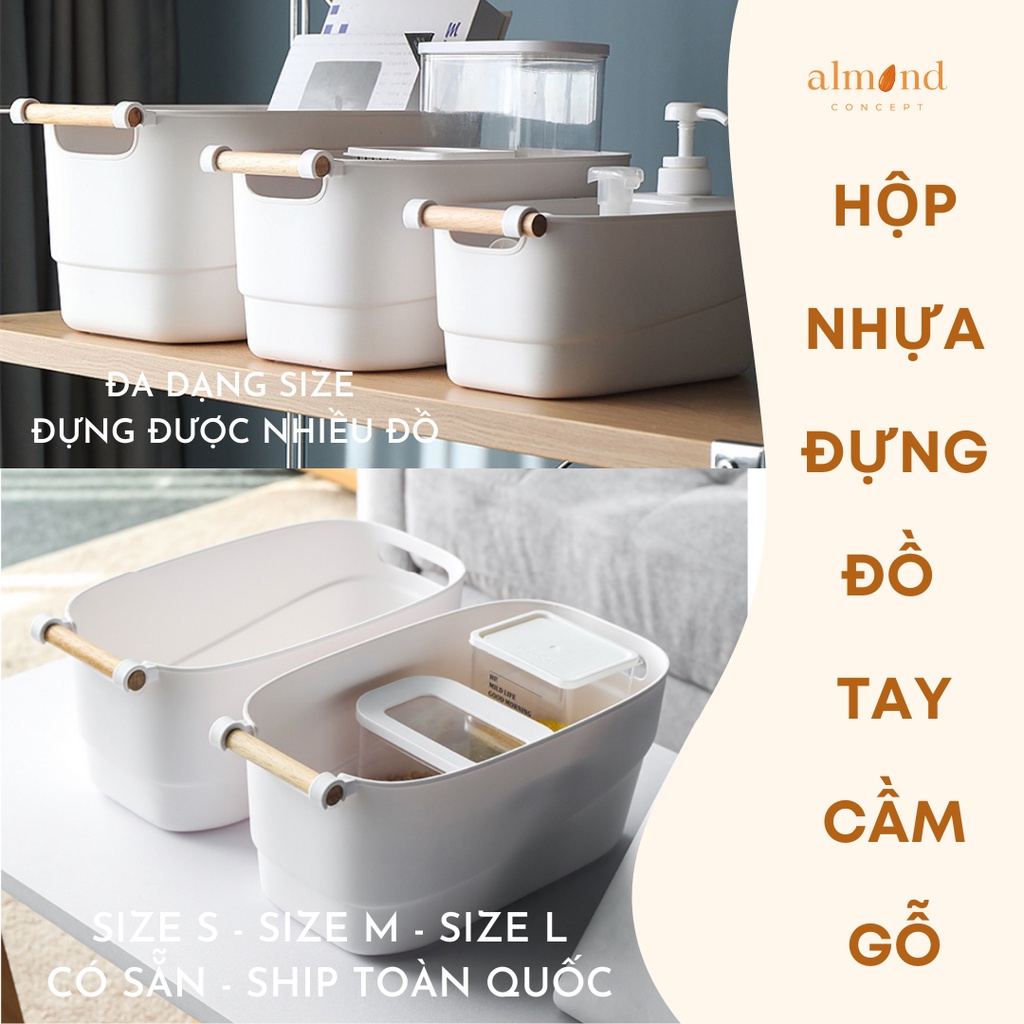 Hộp Nhựa Cứng Màu Trắng Tay Cầm Gỗ, Thùng Nhựa Đựng Đồ, Để Kệ, Quần Áo Mỹ Phẩm Phong cách Hàn Quốc almondconcept