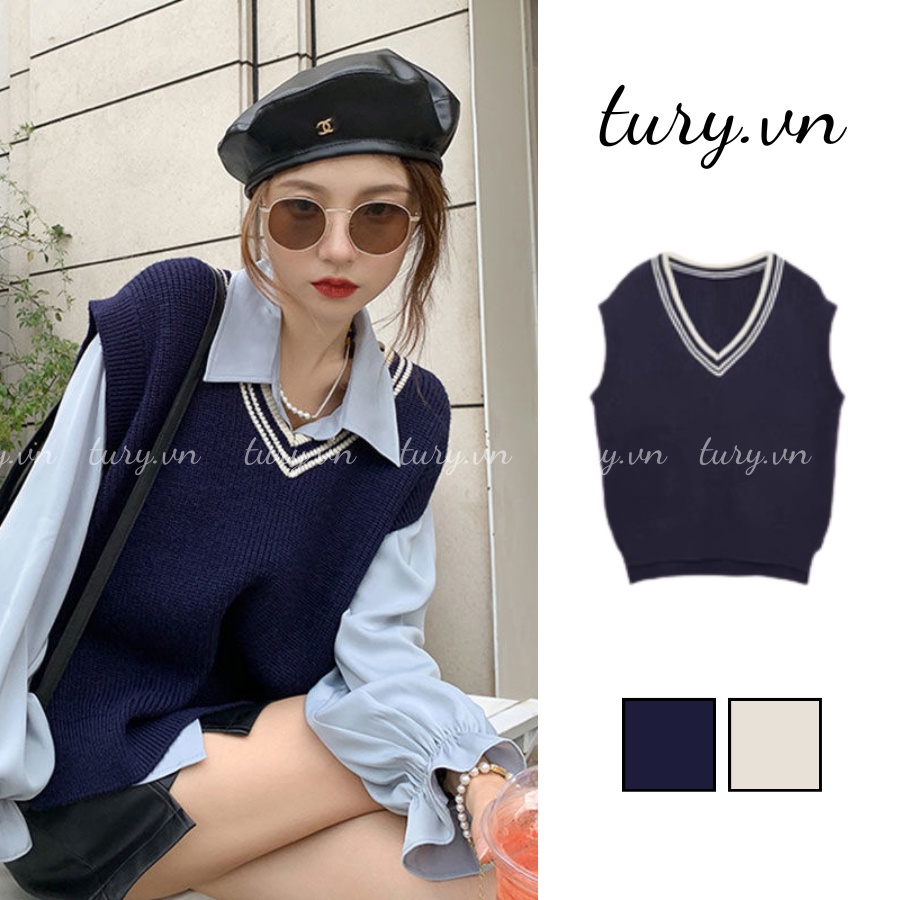 Áo Gile Len Nữ Vintage Dệt Kim Không Tay Trơn Phong Cách Hàn Quốc Thời Trang Thu Đông Màu Trắng Xanh -Tury.vn - Mã AG013