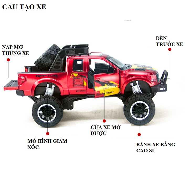 Mô hình xe ô tô Ford Offroad BUILT TOUGH RAPTOR F150 tỉ lệ 1:32 bằng kim loại có đèn và âm thanh