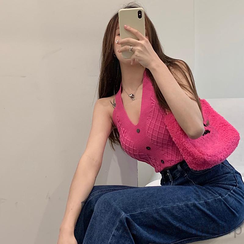 Áo Dệt Kim Sát Nách Cổ Chữ V Hở Lưng Màu Trơn Thời Trang Mùa Hè Cho Nữ