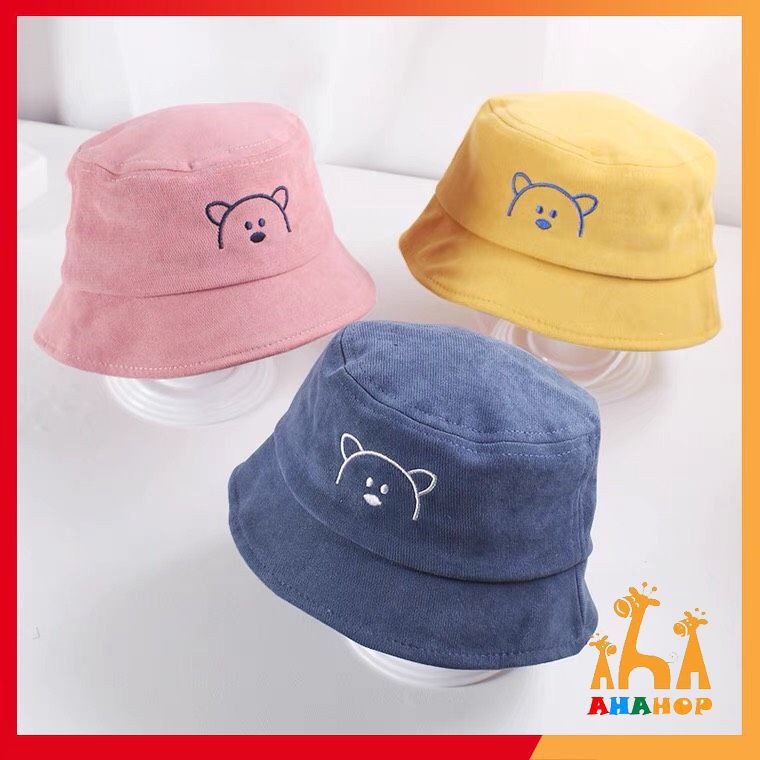 Mũ Vải Cho Bé Trai Bé Gái - Mũ vành tròn bucket thêu hình Gấu có quai phong cách Hàn Quốc cho bé từ 1-3 tuổi