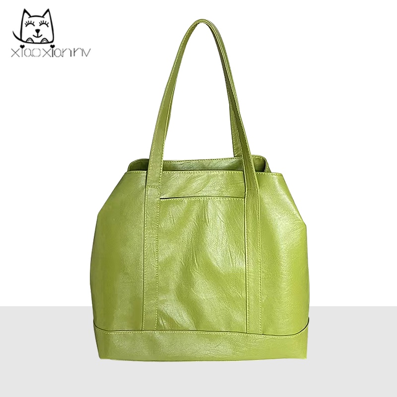 Túi Xách tote Da PU Mềm Cỡ Lớn Màu Xanh Bơ Phong Cách Hàn Quốc Cho Nữ