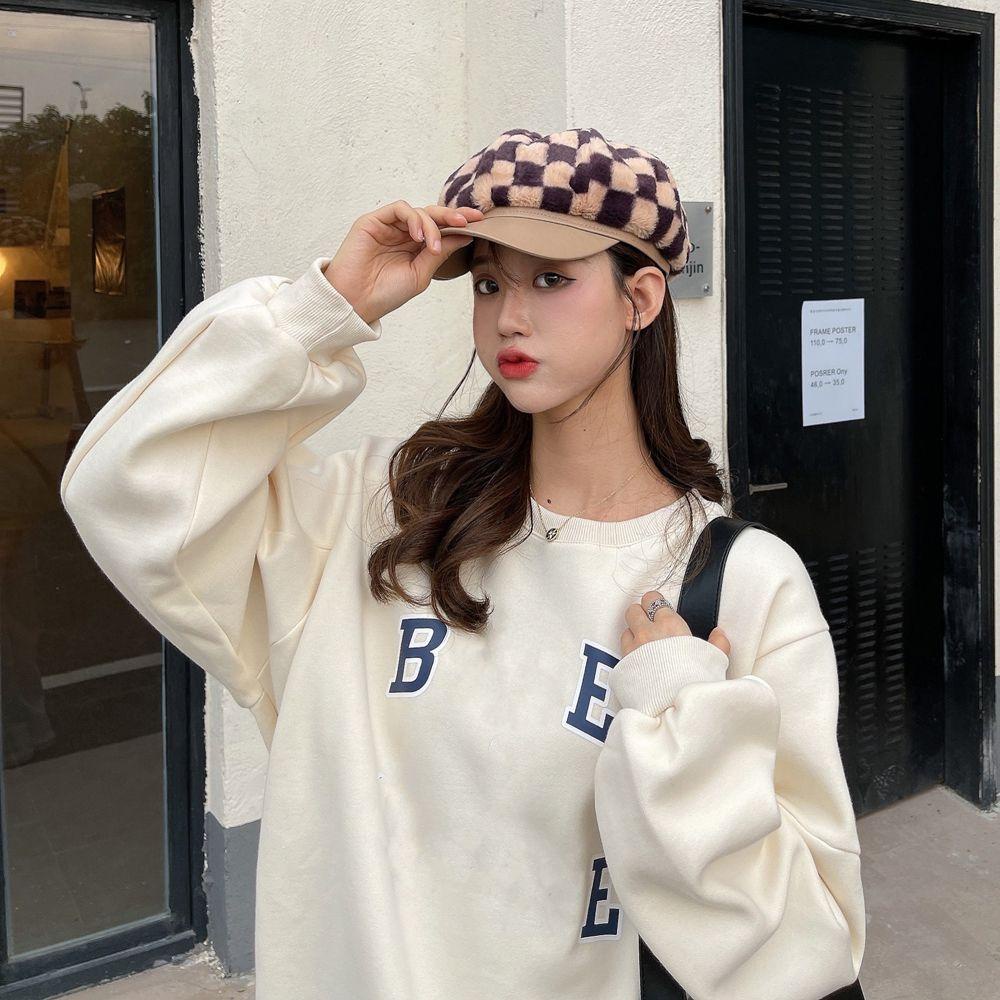 Mũ Beret Vải Lông Họa Tiết Kẻ Ô Vintage Hợp Thời Trang Thu Đông Cho Nữ