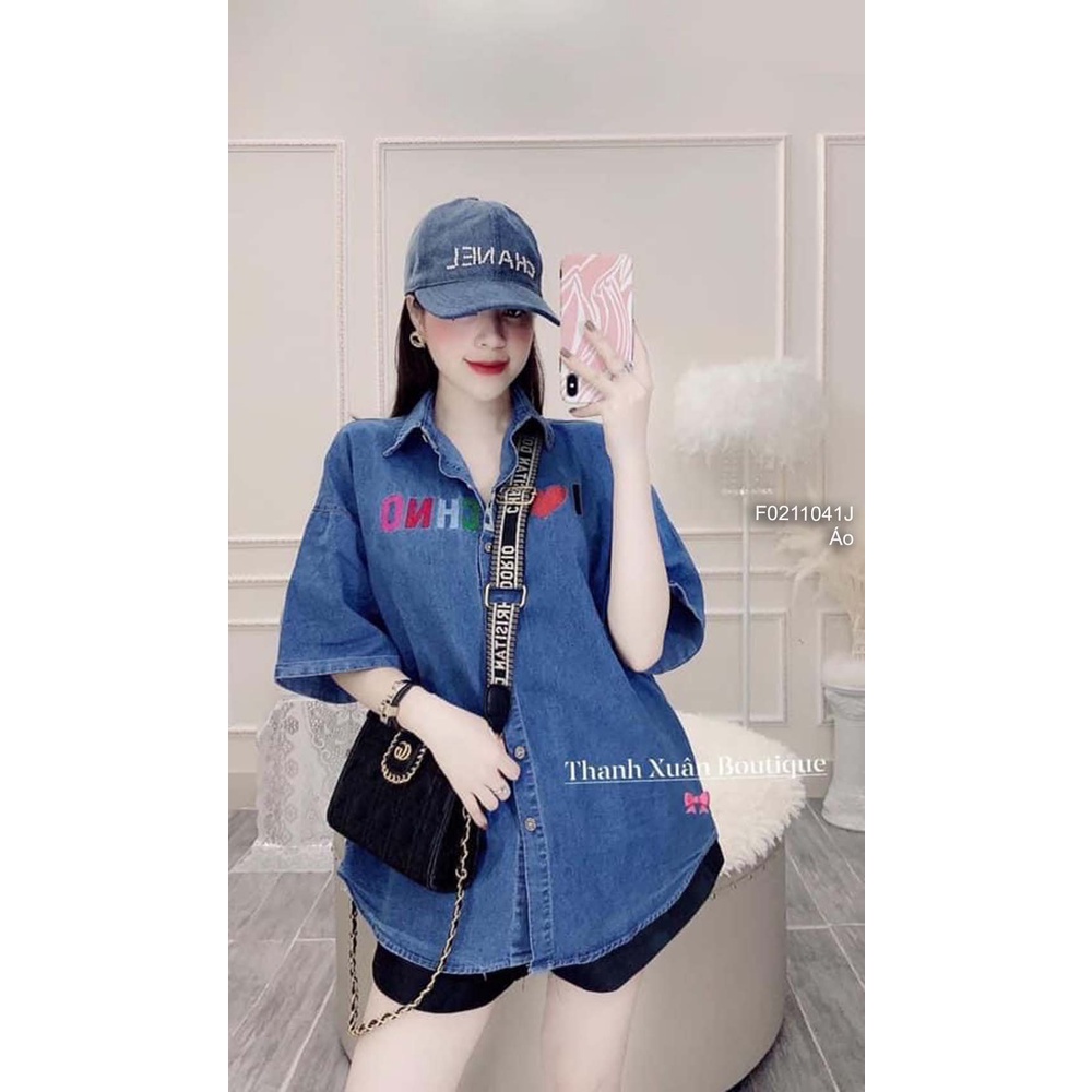 Áo sơ mi jean form rộng một túi thêu chữ ngực tay ngắn!