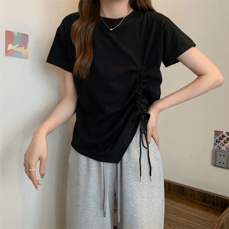 Áo Thun Ngắn Tay Thiết Kế Độc Đáo Thời Trang 156366 Áo Thun Cổ Tròn Phối Dây Rút Đơn Giản Dễ Phối Đồ
