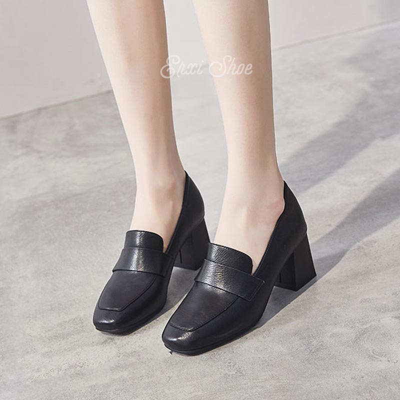 Giày Cao Gót 6cm Mũi Vuông Chất Liệu Da Mềm Thời Trang Cho Nữ