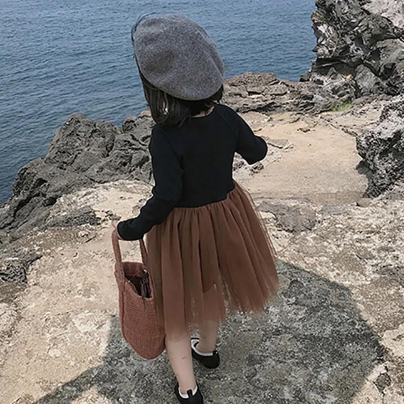 Đầm bé gái tay dài phối lưới phong cách Hàn Quốc dễ thương