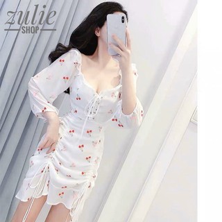 Đầm cherry trắng rút dây