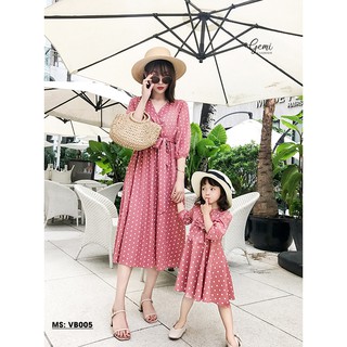 Váy Lụa Cát Maxi Chấm Bi Tôn Da Cho Mẹ Và Bé Phong Cách Hàn Quốc - VB005