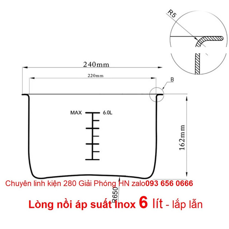 Lòng nồi áp suất Inox 6lit - lòng chống dính Nồi áp suất đa năng 6L lắp lẫn các thương hiệu