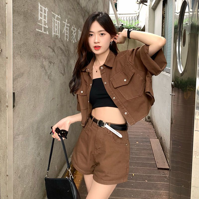 Denim suit women's summer vintage polo collar short-sleeved jacket + fashion wide-leg shorts one piece / two-piece set