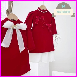 Áo Dài Nhung Đỏ Cho Bé Gái Diện Tết AD06