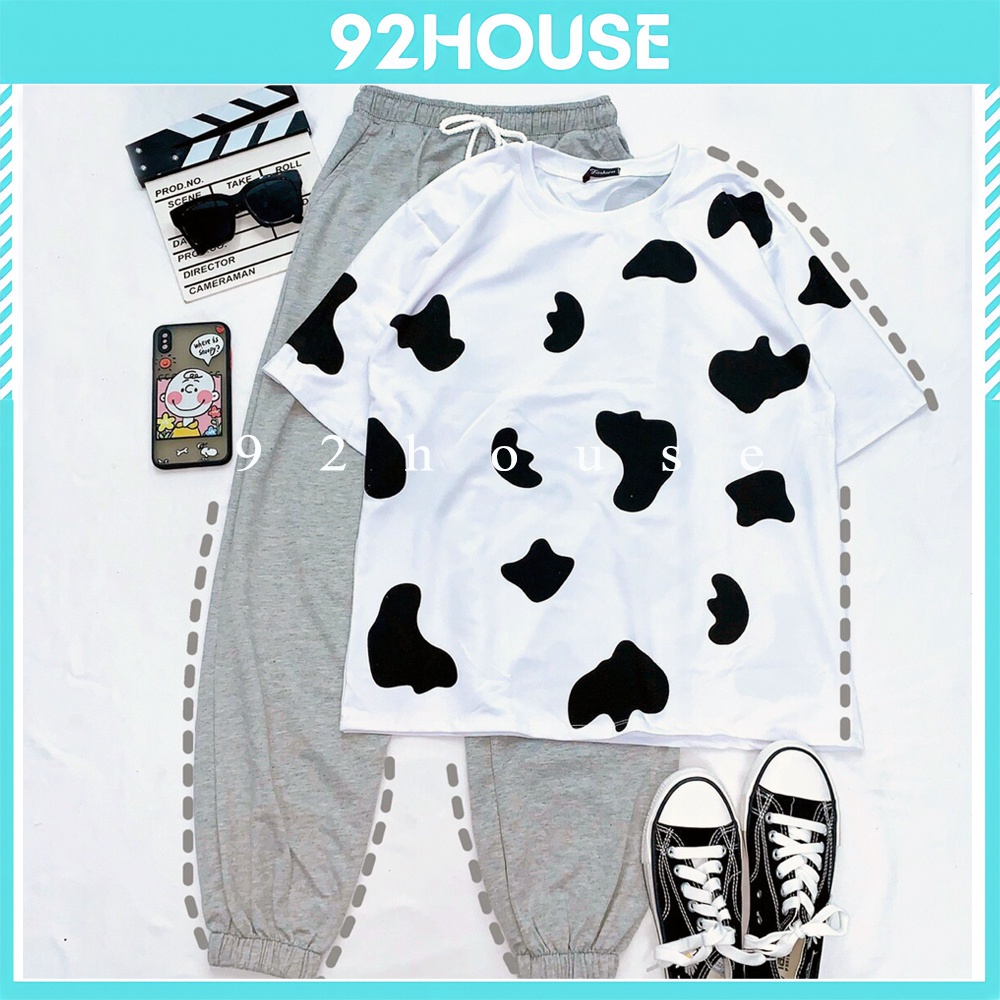 Set bộ quần dài ống bom bo chun phối áo phông unisex bò sữa phom rộng tay lỡ Đồ mặc nhà quần jogger nỉ