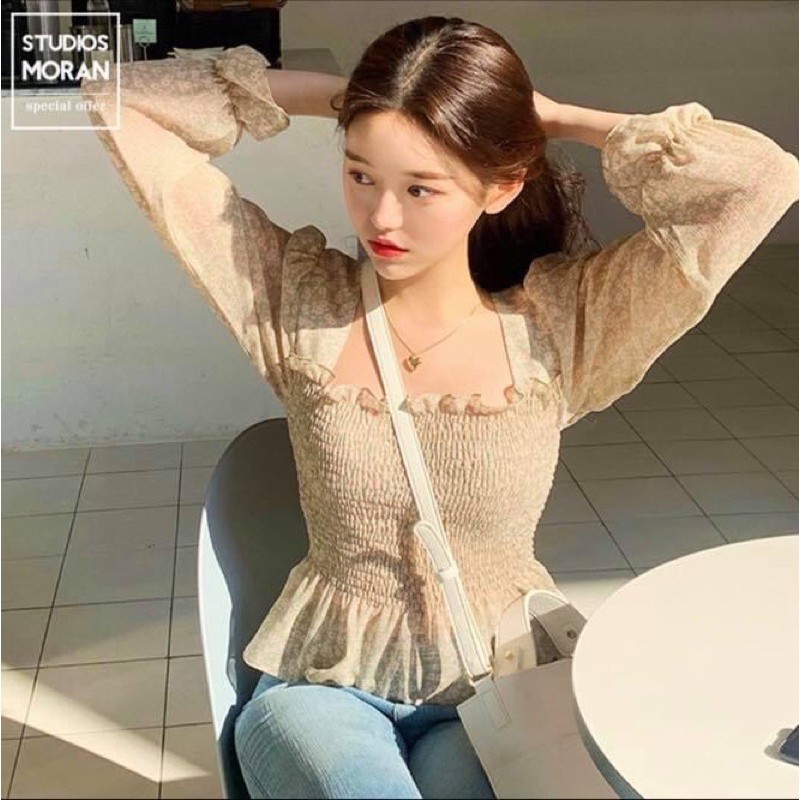 Áo kiểu nữ tay dài voan hoa nhí peplum chiffon cổ vuông chun eo - Order taobao quảng châu