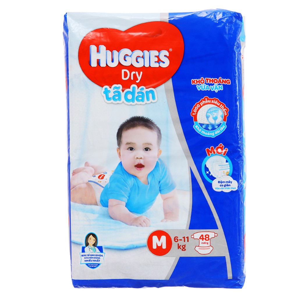 [CHÍNH HÃNG] Bỉm - Tã Dán Huggies Dry Size M48 Miếng (Cho bé 6-11kg)