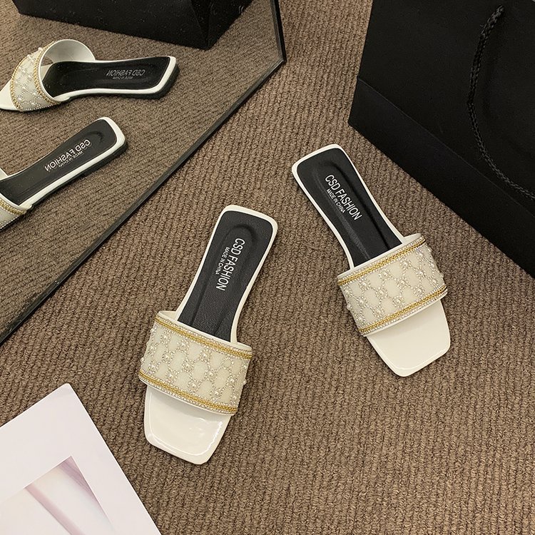 Dép bệt quai ngang đính ngọc màu trắng + đen nổi bật đế cao su dẻo chống trơn trượt đi êm chân - Mã DL06