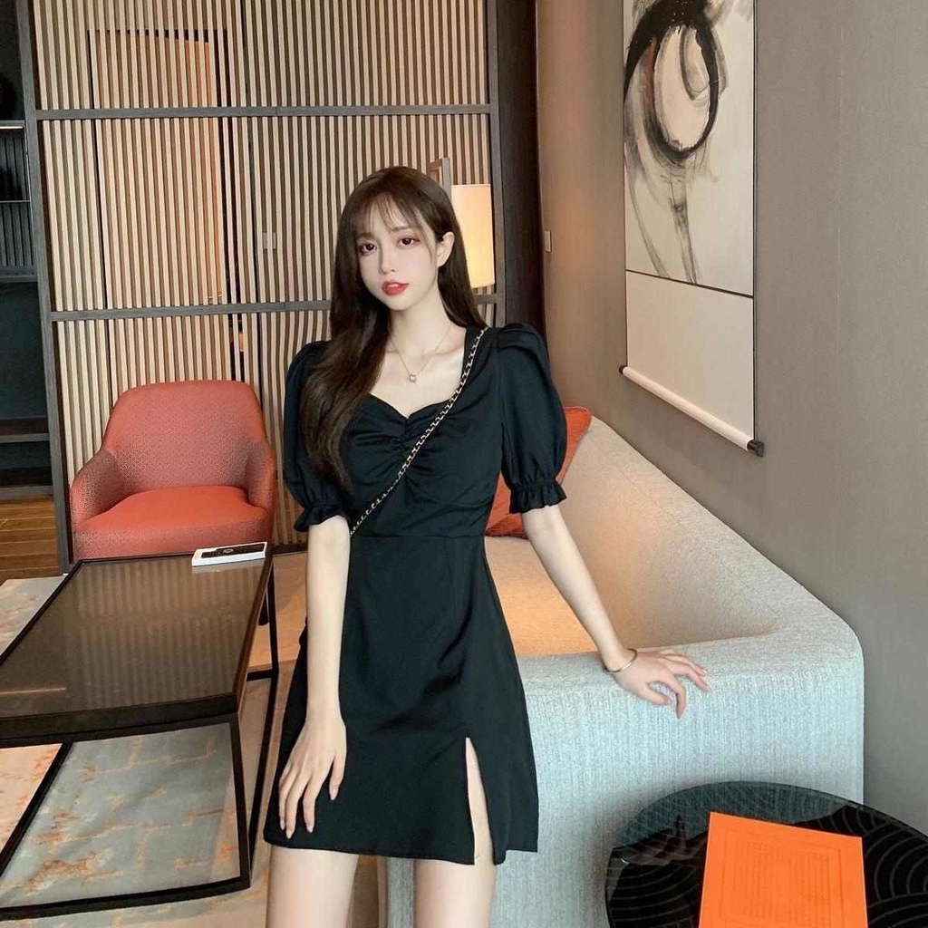 Đầm Cổ Vuông Xẻ Tà Phong Cách Pháp Mẫu Mới Ngọt Ngào Thời Trang Mùa Hè Cho Nữ