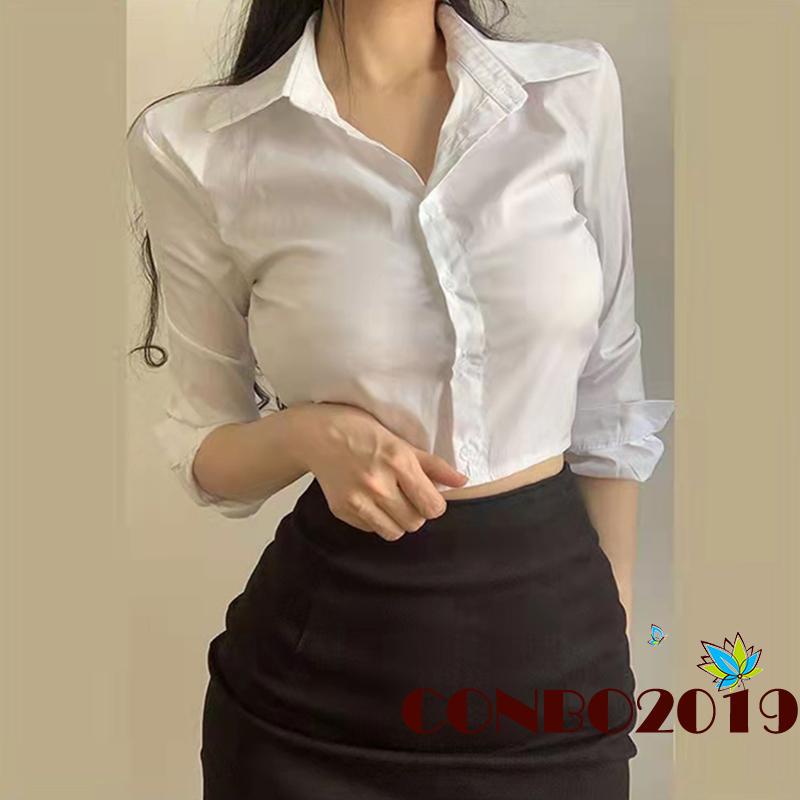 Áo Croptop Tay Dài Màu Trơn Cài Nút Thời Trang Xuân Thu Cho Nữ