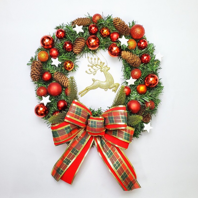 Vòng Hoa Trang Trí Noel D43 size 40cm Tặng Kèm Đèn, Vòng Nguyệt Quế Giáng Sinh