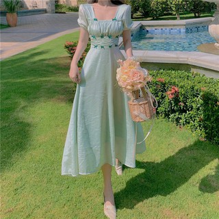(Sẵn L) M77 - Đầm công chúa Ulzzang cổ vuông nhúng ngực đính nơ dáng dài quý phái