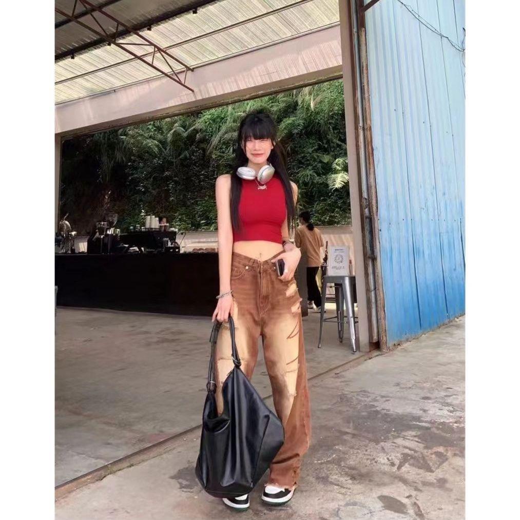 Quần Jean Ống Suông Rộng Màu Cà Phê Phong Cách Retro Hong Kong Thời Trang Mùa Thu Cho Nữ