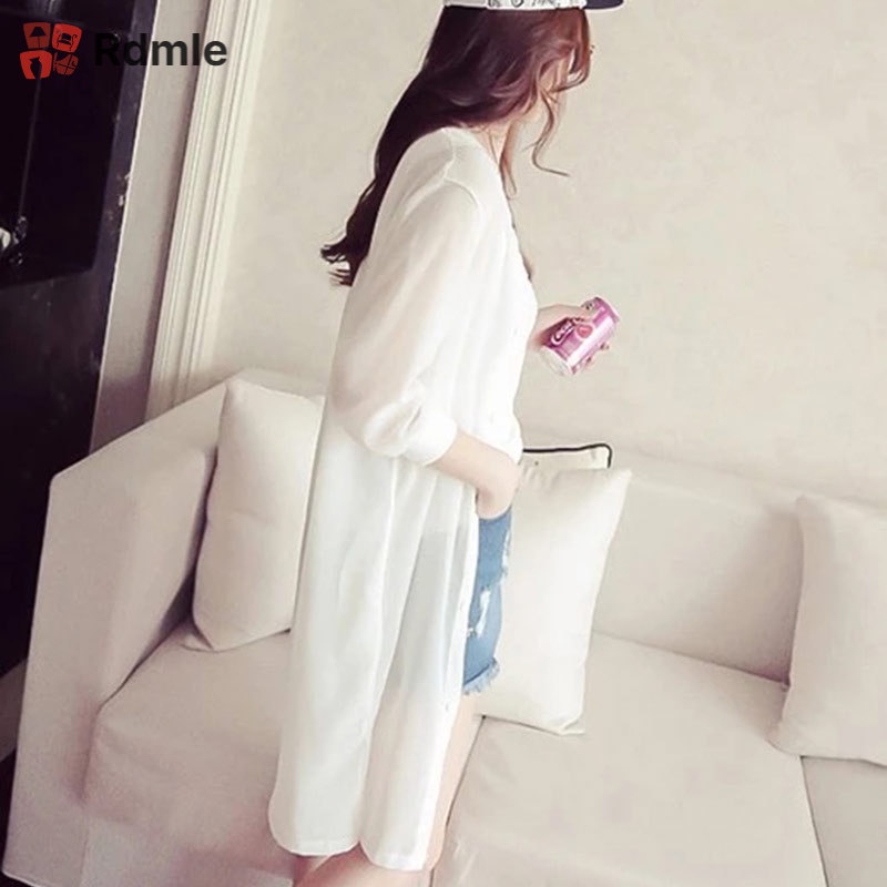 Áo Khoác Voan Mỏng Tay 3/4 Dáng Dài Rộng In Họa Tiết Xinh Xắn Thời Trang Đi Biển Cho Nữ