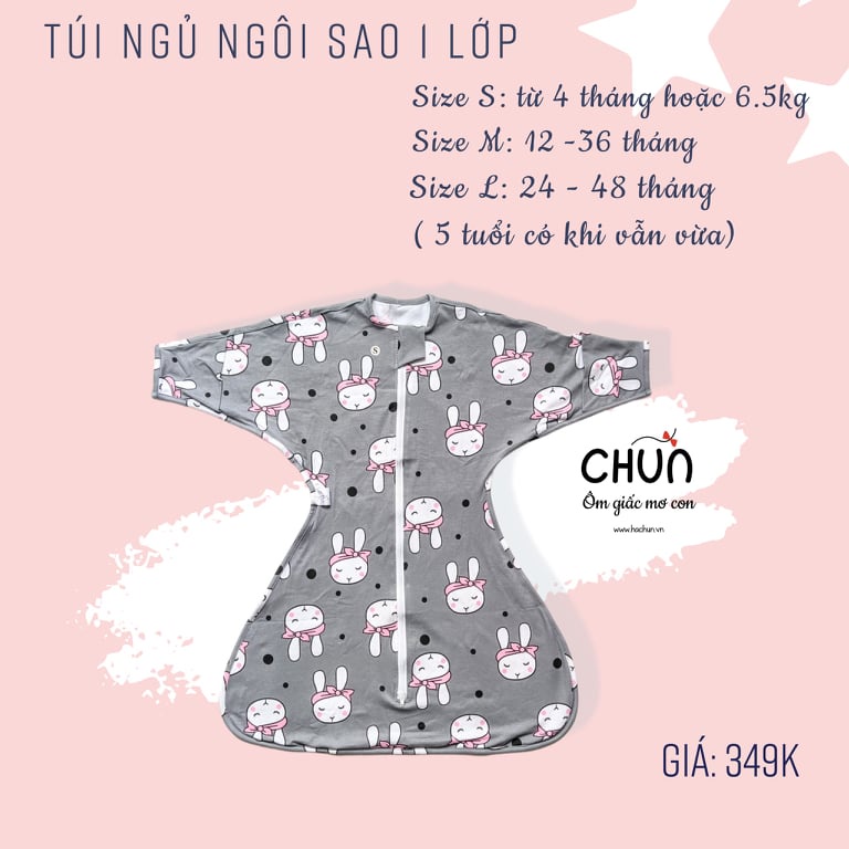 Túi ngủ 1 lớp ngôi sao chính hãng Chũn Cocoon size M cho bé từ 1-3 tuổi