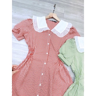 Váy kẻ phối bèo cổ chun eo vintage