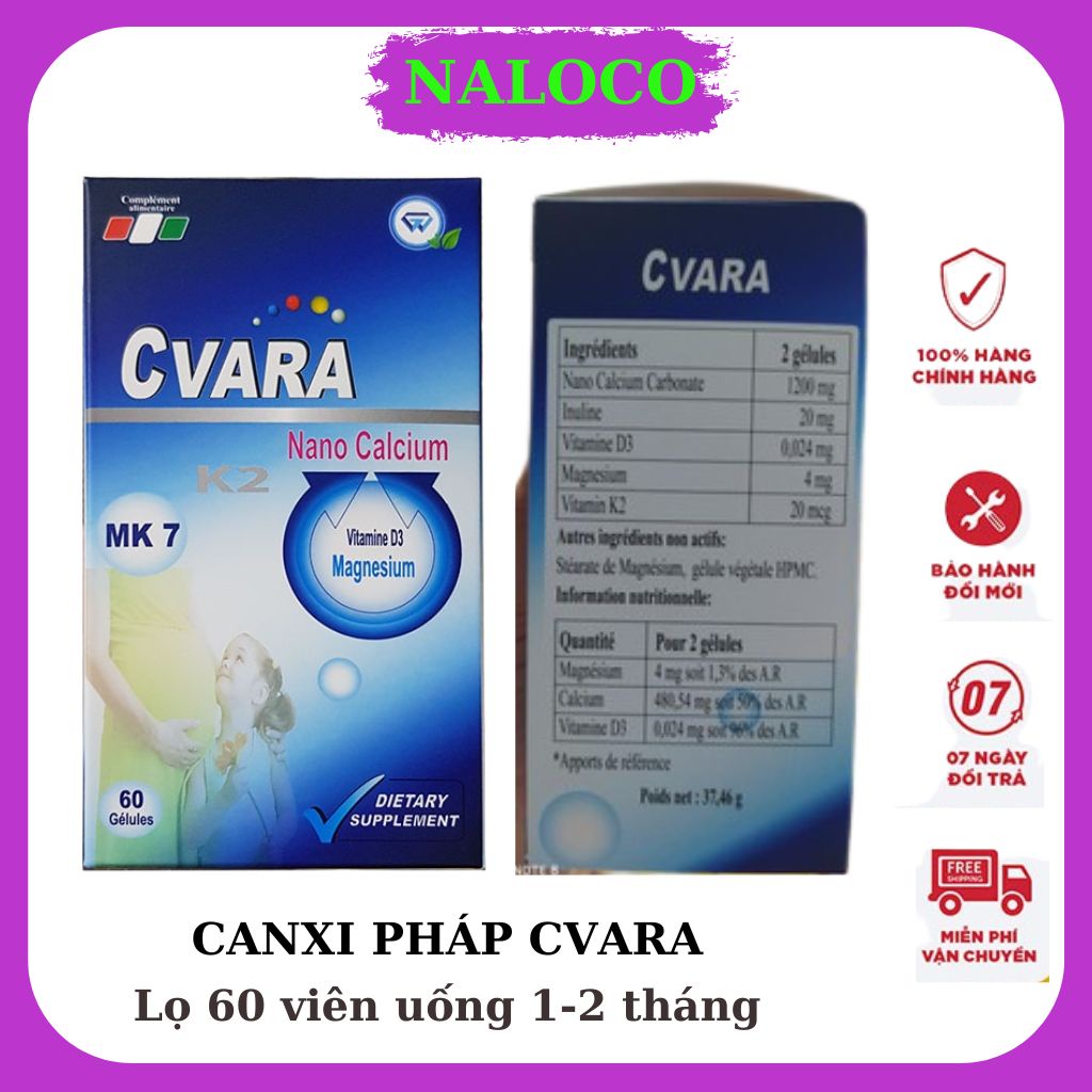Viên uống bổ sung Canxi mk7 Pháp, CVARA, Canxi nano D3K2, dành cho phụ nữ mang thai, Người lớn thiếu canxi, Trẻ em Lọ 60