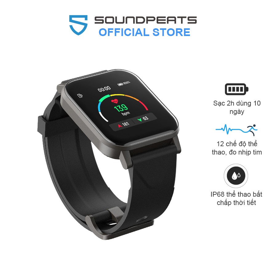 Đồng hồ thông minh SoundPEATS Watch 1-Pin 10 ngày, Theo dõi nhịp tim, 12 chế độ tập luyện