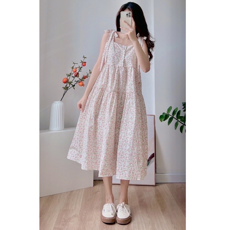 Đầm 2 Dây Hoa Nhí Thô Buộc Nơ Vai Váy Babydoll Hoa Nhí