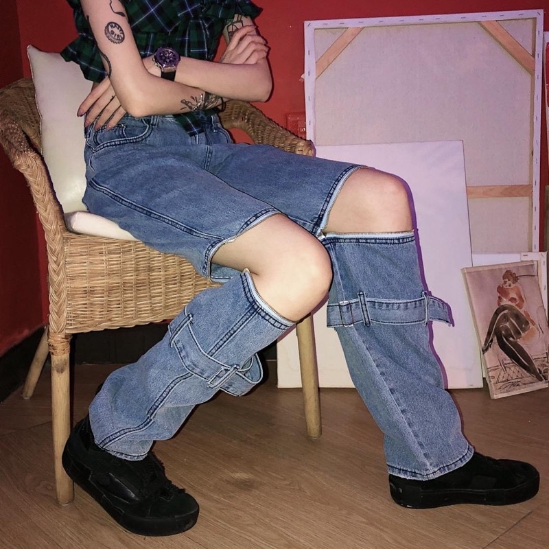 Quần jeans ống rộng khoá gối có thể tháo rời siêu cá tính