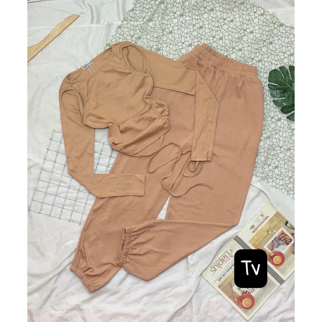 set áo kiểu khoét vai cột dây eo kèm quần bo ống dài mềm cotton