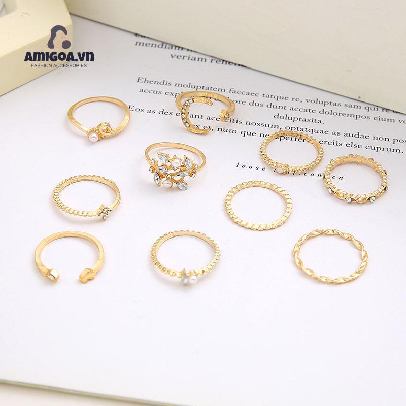 ✨✨set10 Nhẫn Đeo Tay Kim Loại Đính Đá Thời Trang Cho Nữ