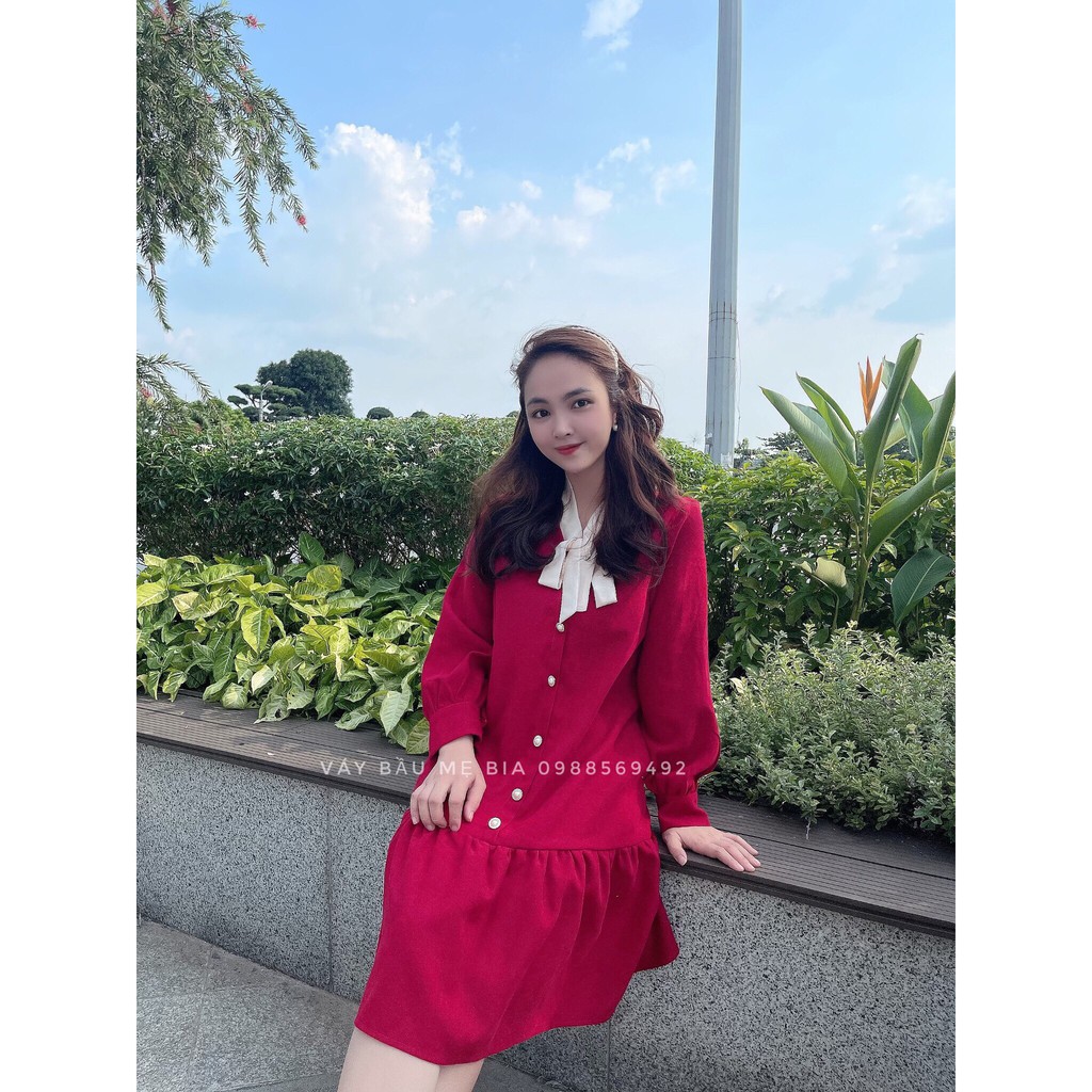 Váy bầu bigsize - Đầm bầu thiết kế GuMe VẢI NHUNG TĂM CAO CẤP MÀU ĐỎ, DÁNG ĐUÔI CÁ,CỔ NƠ be xinh xắn- MB259, ẢNH THẬT