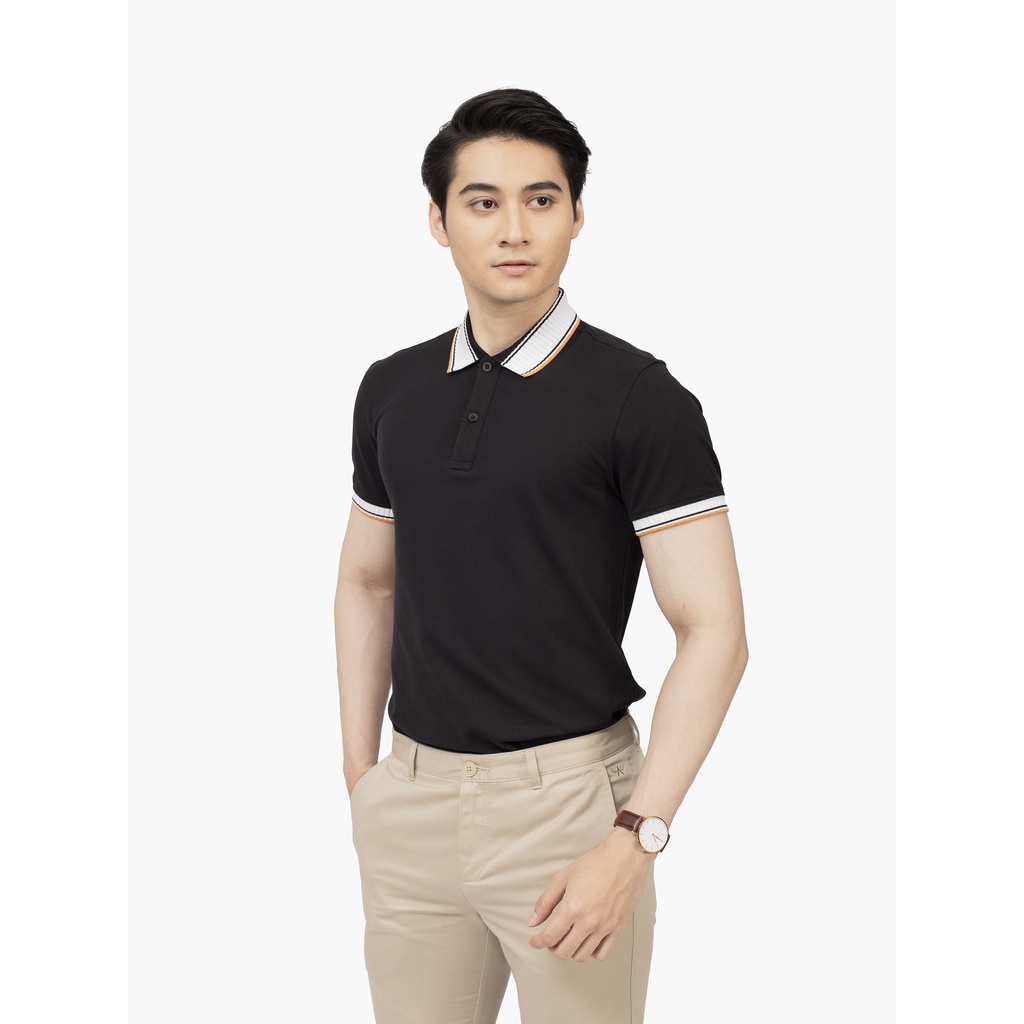 Áo thun polo nam Aristino APS120S2 phông có cổ bẻ dáng suông vừa màu đen phối cổ trắng vải cotton cao cấp mềm mại