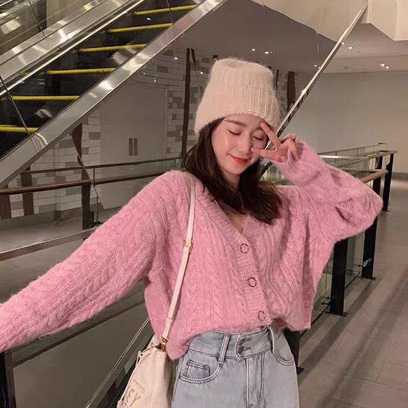 Áo cardigan len crotop Basic phối cúc áo khoác len mịn lông thỏ 3 màu phong cách hàn quốc