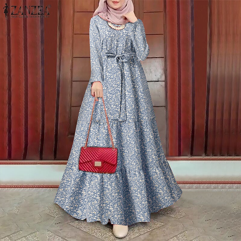 Zanzea Đầm Hoa Thắt Nơ Eo Phong Cách Hồi Giáo Thời Trang Cho Nữ