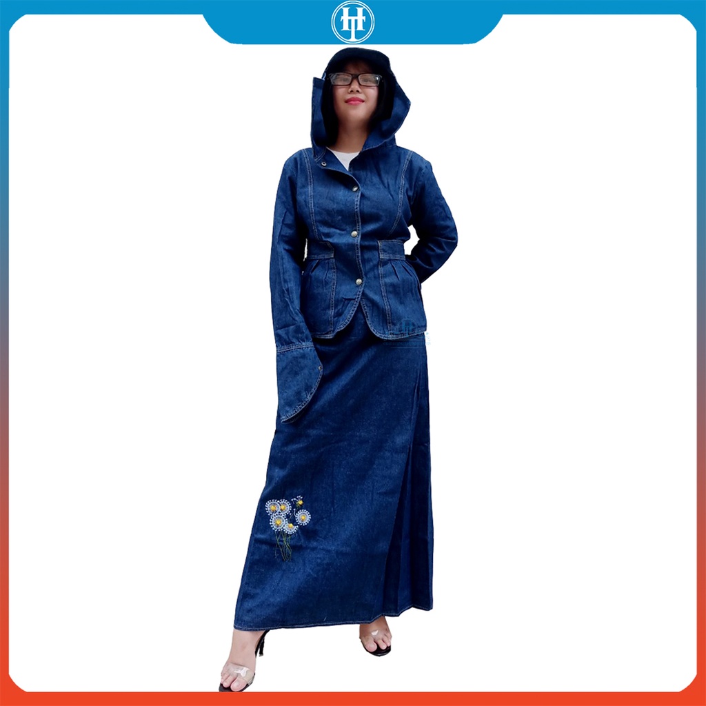 SET ĐỒ CHỐNG NẮNG JEAN - Bao gồm Áo khoác chống nắng &amp; Váy chống nắng Jean thêu Hoa Bồ Công Anh