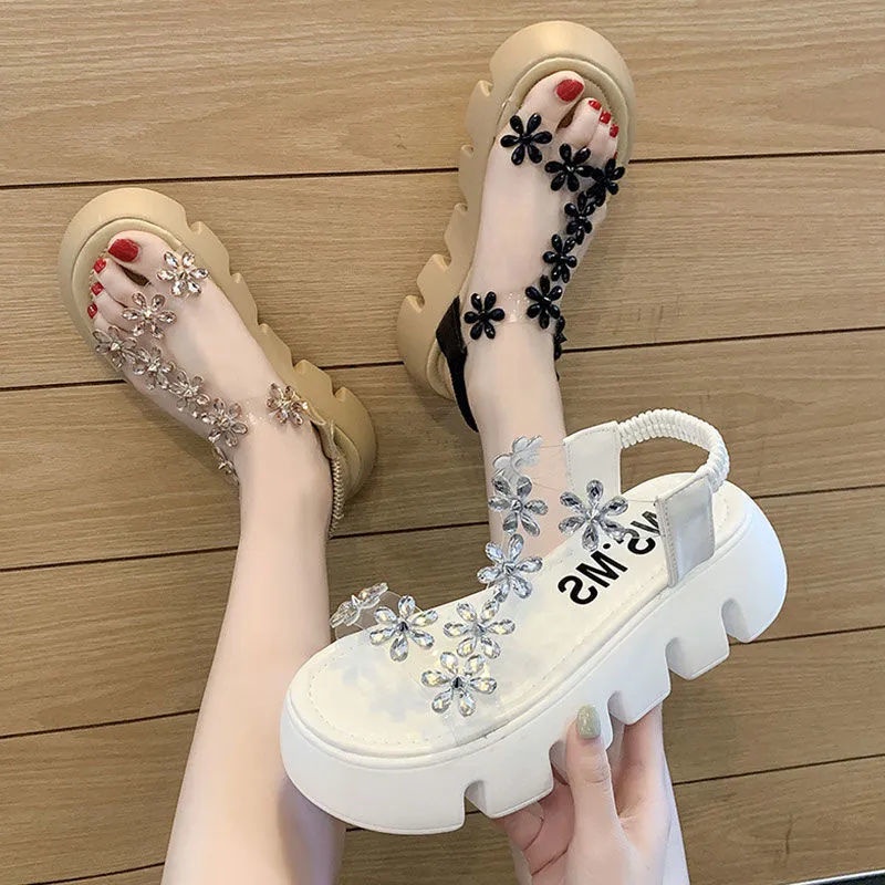 Giày Sandal Đế Dày Tăng Chiều Cao Trong Suốt Đính Hoa Thời Trang Đi Biển Mùa Hè