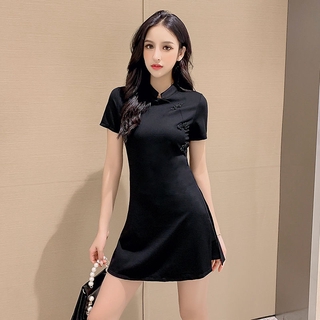 Set Đầm Sườn Xám Và Áo Khoác Màu Đen Xinh Xắn Cho Nữ