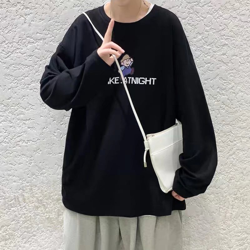 Áo thun tay dài cổ tròn dáng rộng in chữ thời trang thu đông phong cách Nhật Bản cho nam size M-5XL