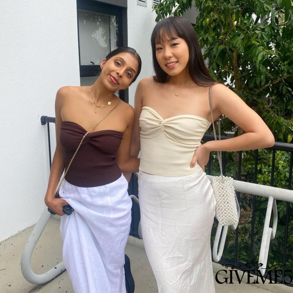 GIVEME-Women Knitted Tube Tops Solid Color Strapless Sleeveless Backless Front Cross Knot Clothes