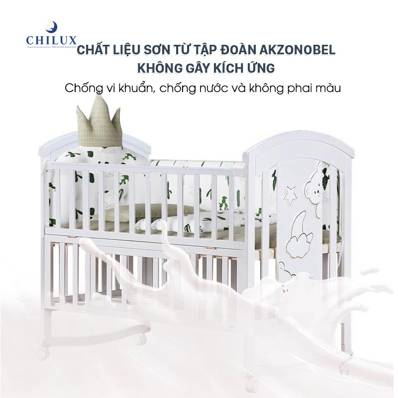 Nôi cũi gỗ Chilux Peace - White ⚡𝐅𝐑𝐄𝐄𝐒𝐇𝐈𝐏⚡ 6 chế độ đa năng, gỗ thông cao cấp, tiện lợi sử dụng đến 12 tuổi