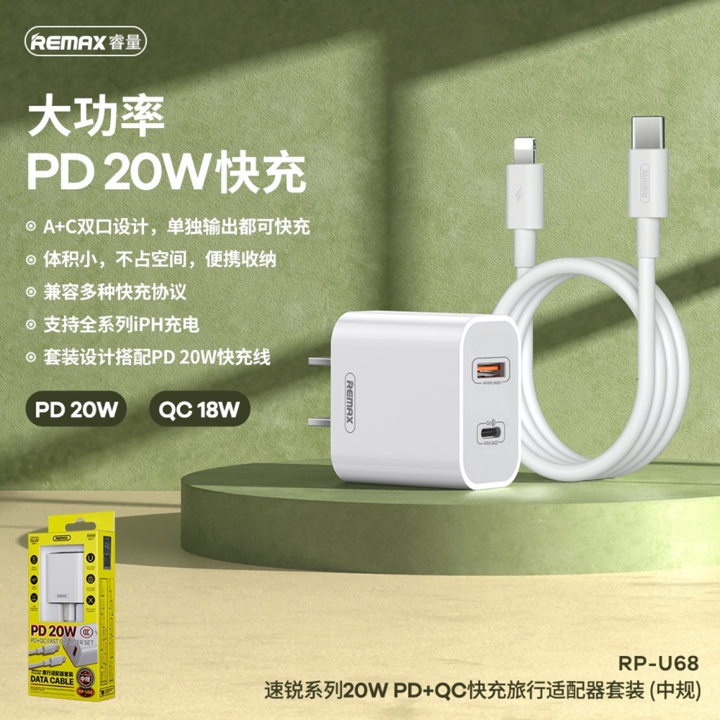 Bộ Sạc Nhanh 20W Cho iP Remax RP-U68 Chuẩn QC3.0+PD